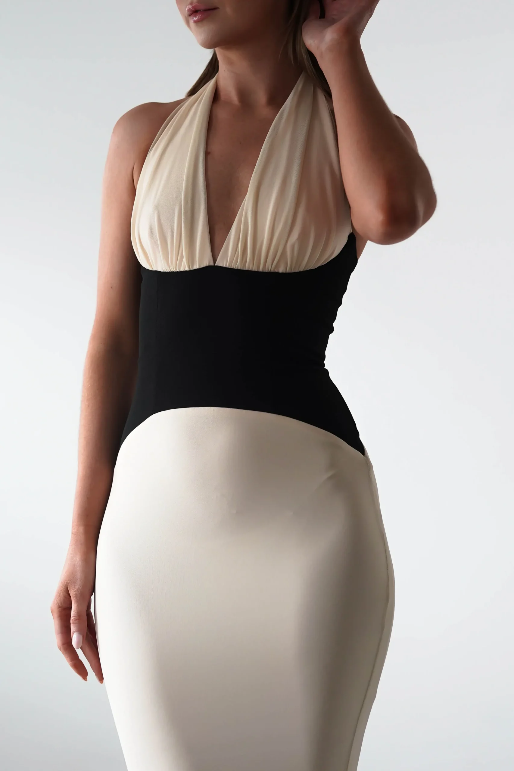 Clearance Addae Bodycon Mesh Maxi Dress | Beige/Black Lange Kleider|Maxikleider