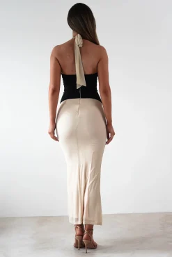 Clearance Addae Bodycon Mesh Maxi Dress | Beige/Black Lange Kleider|Maxikleider