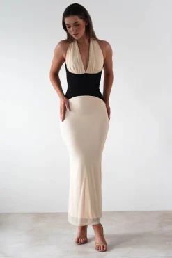 Clearance Addae Bodycon Mesh Maxi Dress | Beige/Black Lange Kleider|Maxikleider