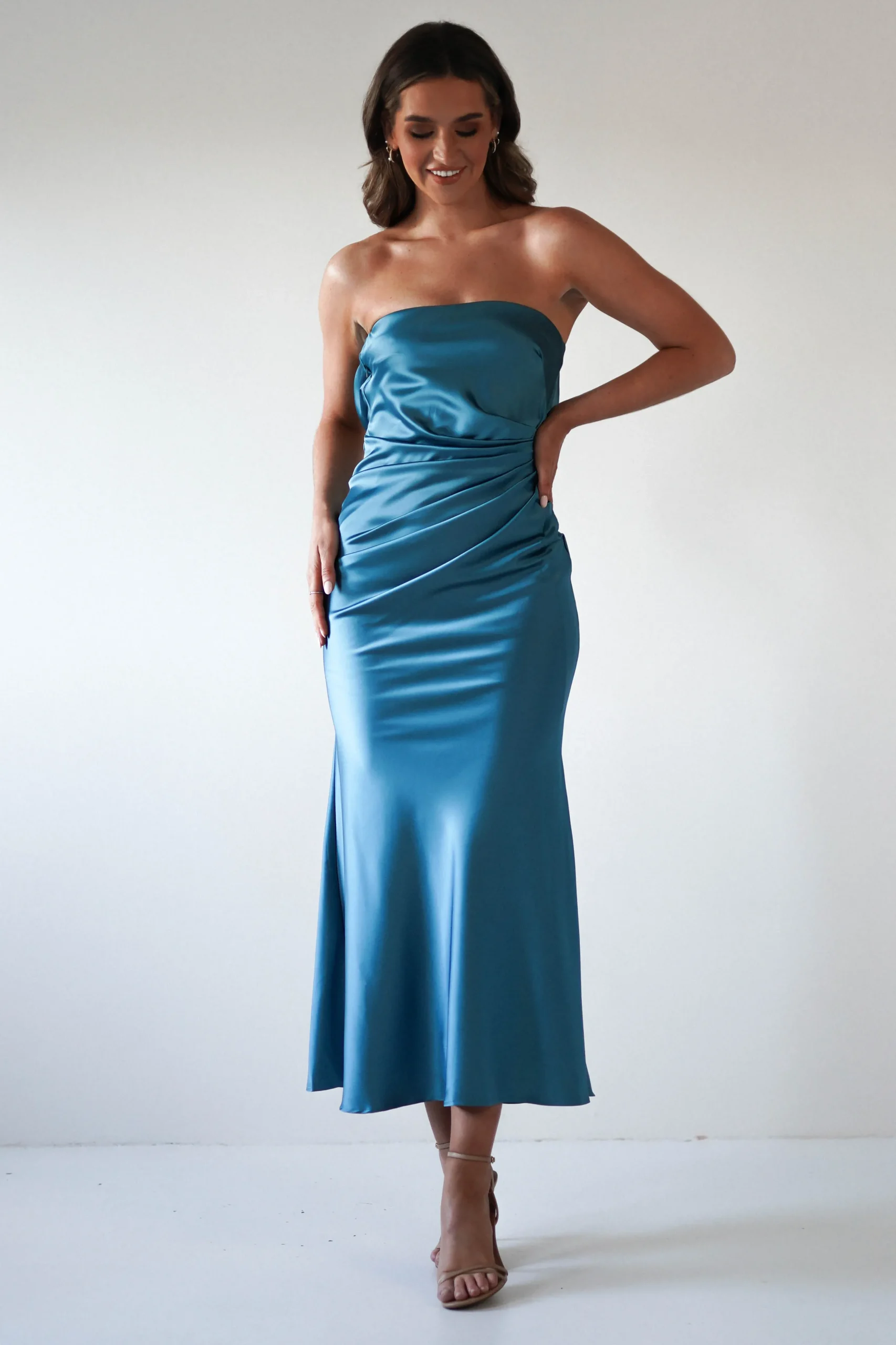 New Allegra Gathered Midaxi Dress | Robin Blue Lange Kleider|Maxikleider