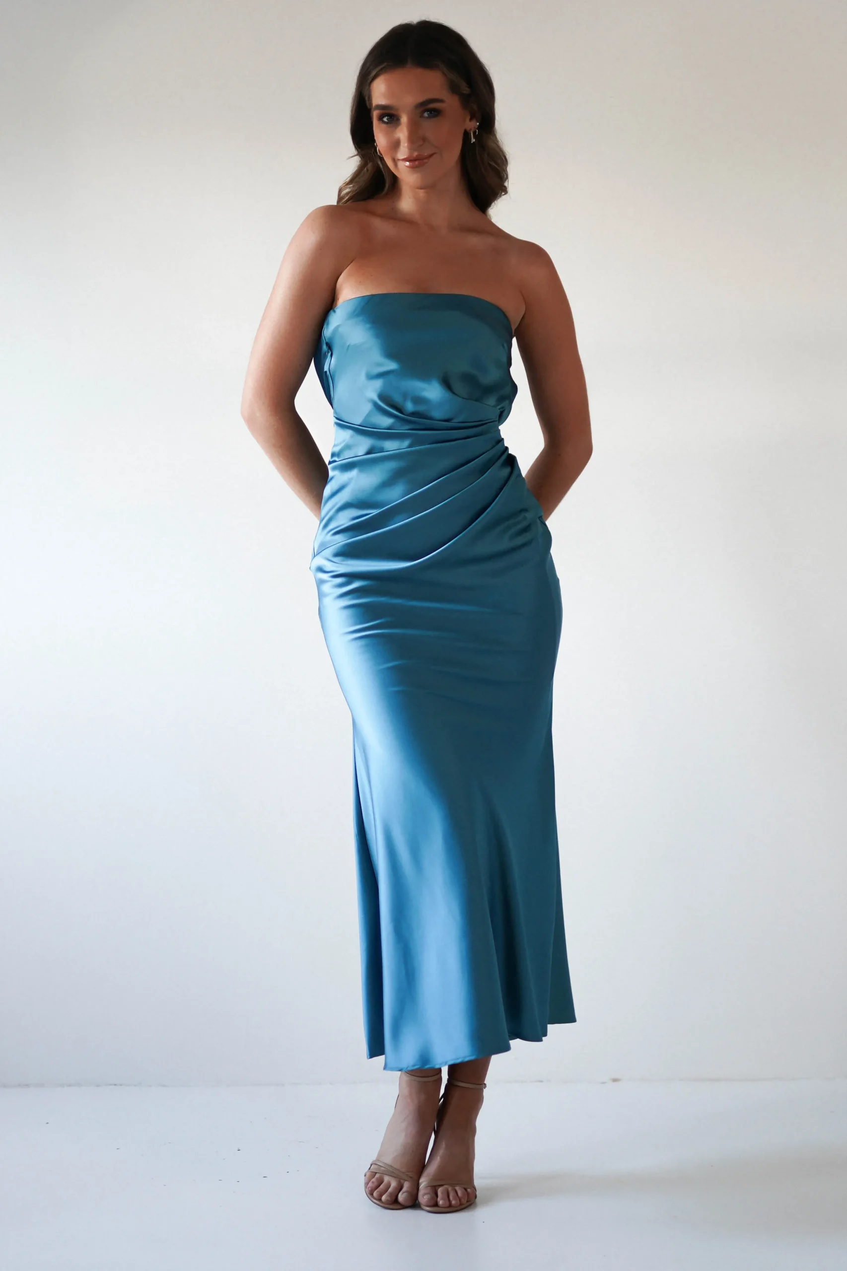 New Allegra Gathered Midaxi Dress | Robin Blue Lange Kleider|Maxikleider