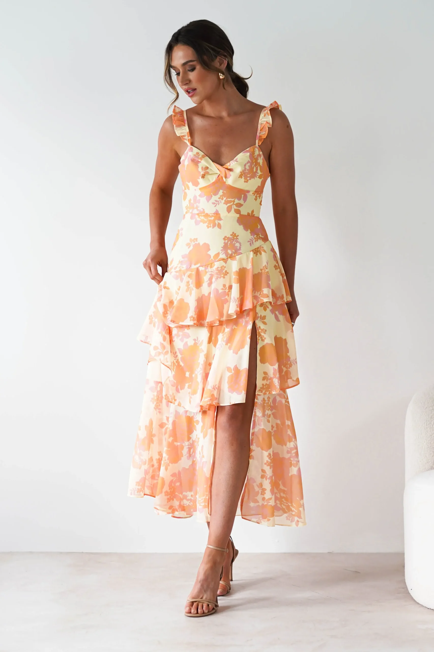 Sale Allie Ruffle Floral Maxi Dress | Yellow/Peach Lange Kleider|Maxikleider