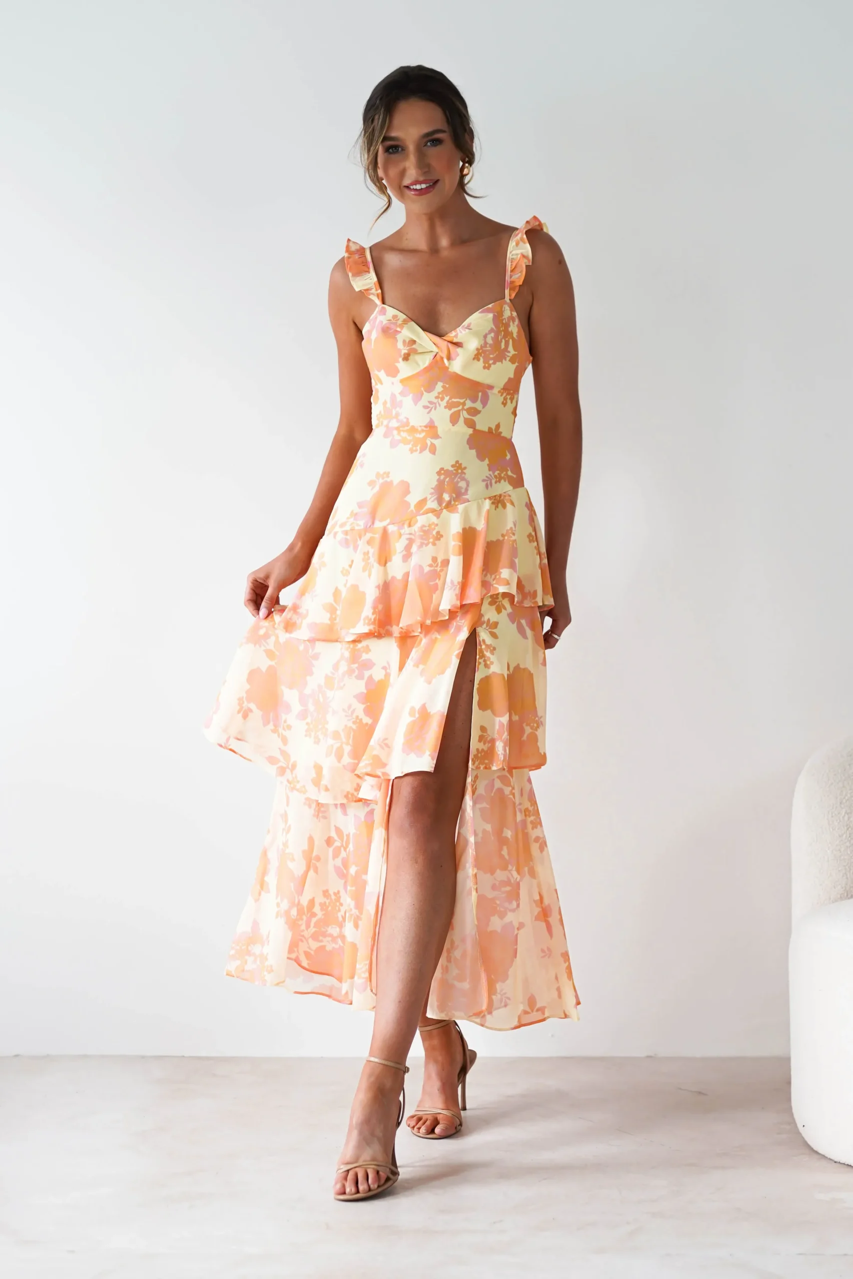 Sale Allie Ruffle Floral Maxi Dress | Yellow/Peach Lange Kleider|Maxikleider