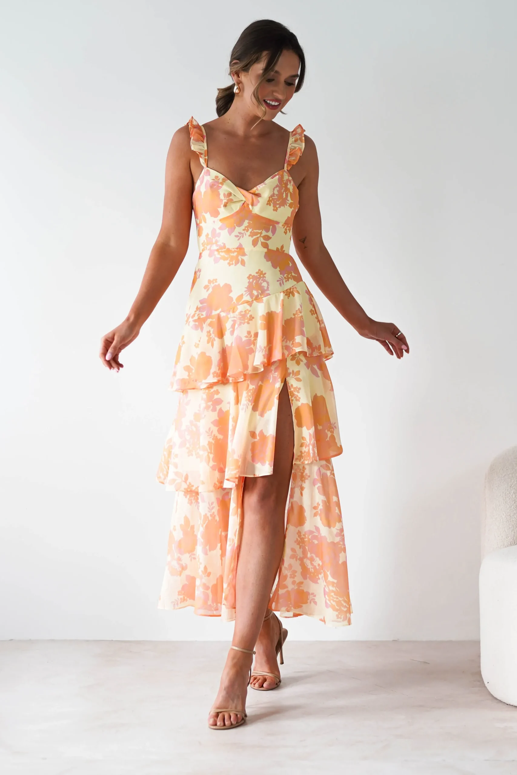 Sale Allie Ruffle Floral Maxi Dress | Yellow/Peach Lange Kleider|Maxikleider