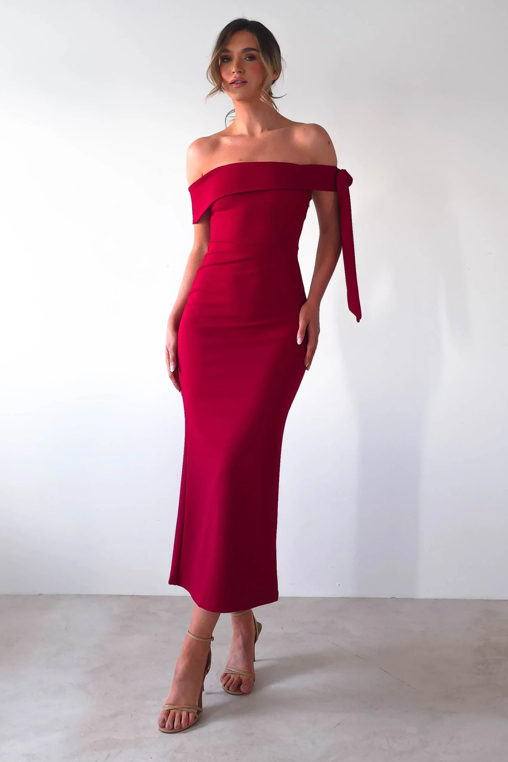 Hot Amalthea Off the Shoulder Midaxi | Dark Red Lange Kleider|Maxikleider
