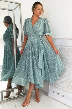 Online Andrea Polka Dot Midi Dress | Sage Mittellange Kleider|Midi-kleider