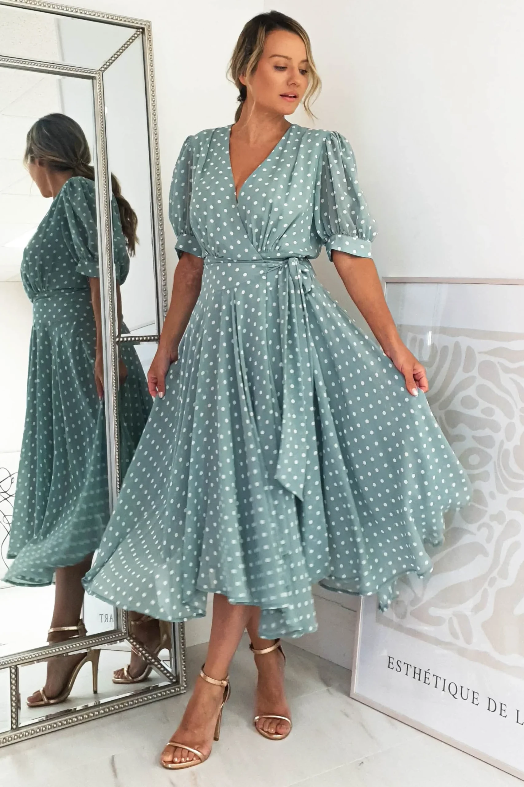Online Andrea Polka Dot Midi Dress | Sage Mittellange Kleider|Midi-kleider
