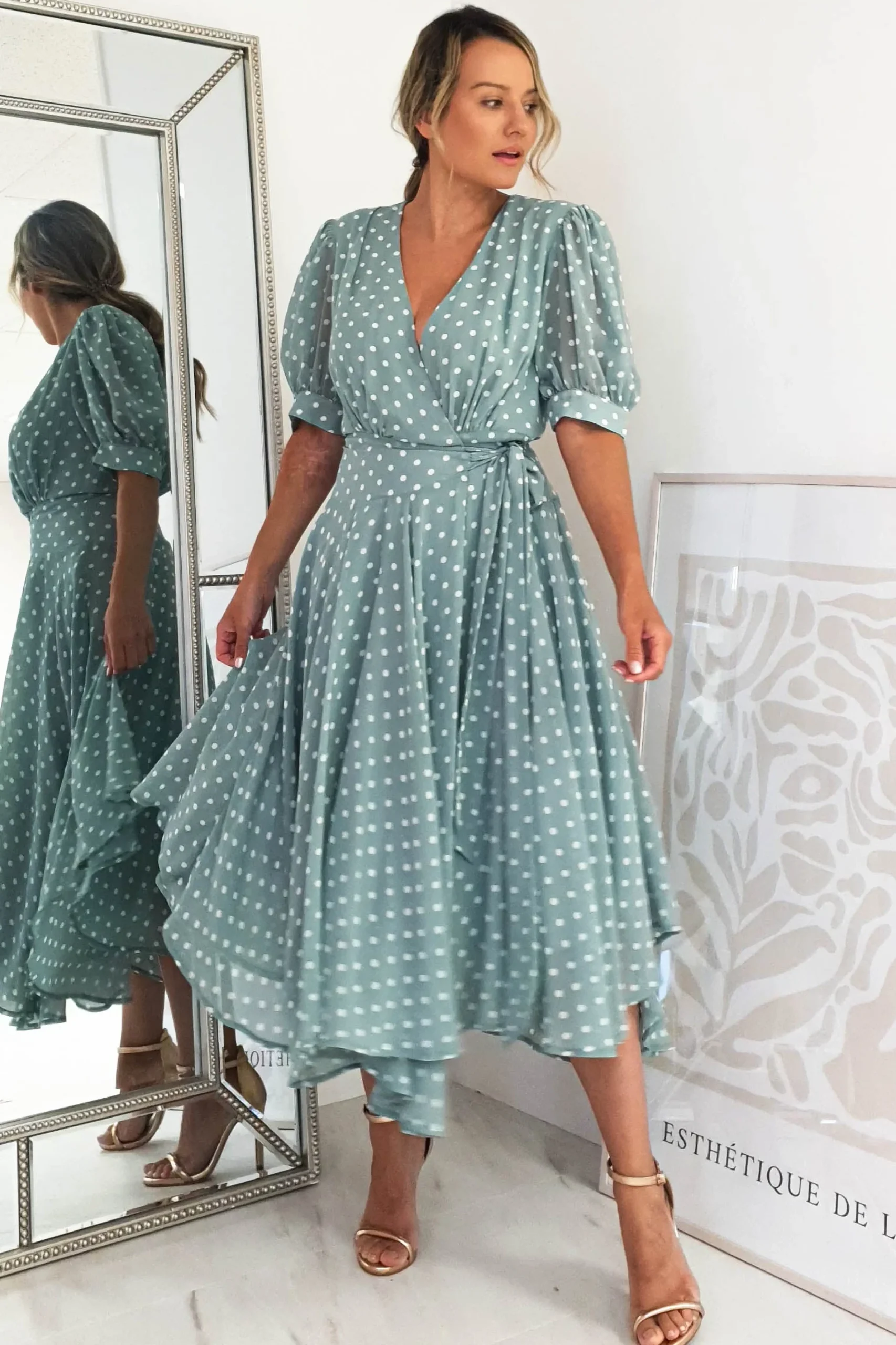 Online Andrea Polka Dot Midi Dress | Sage Mittellange Kleider|Midi-kleider