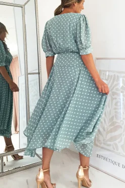Online Andrea Polka Dot Midi Dress | Sage Mittellange Kleider|Midi-kleider