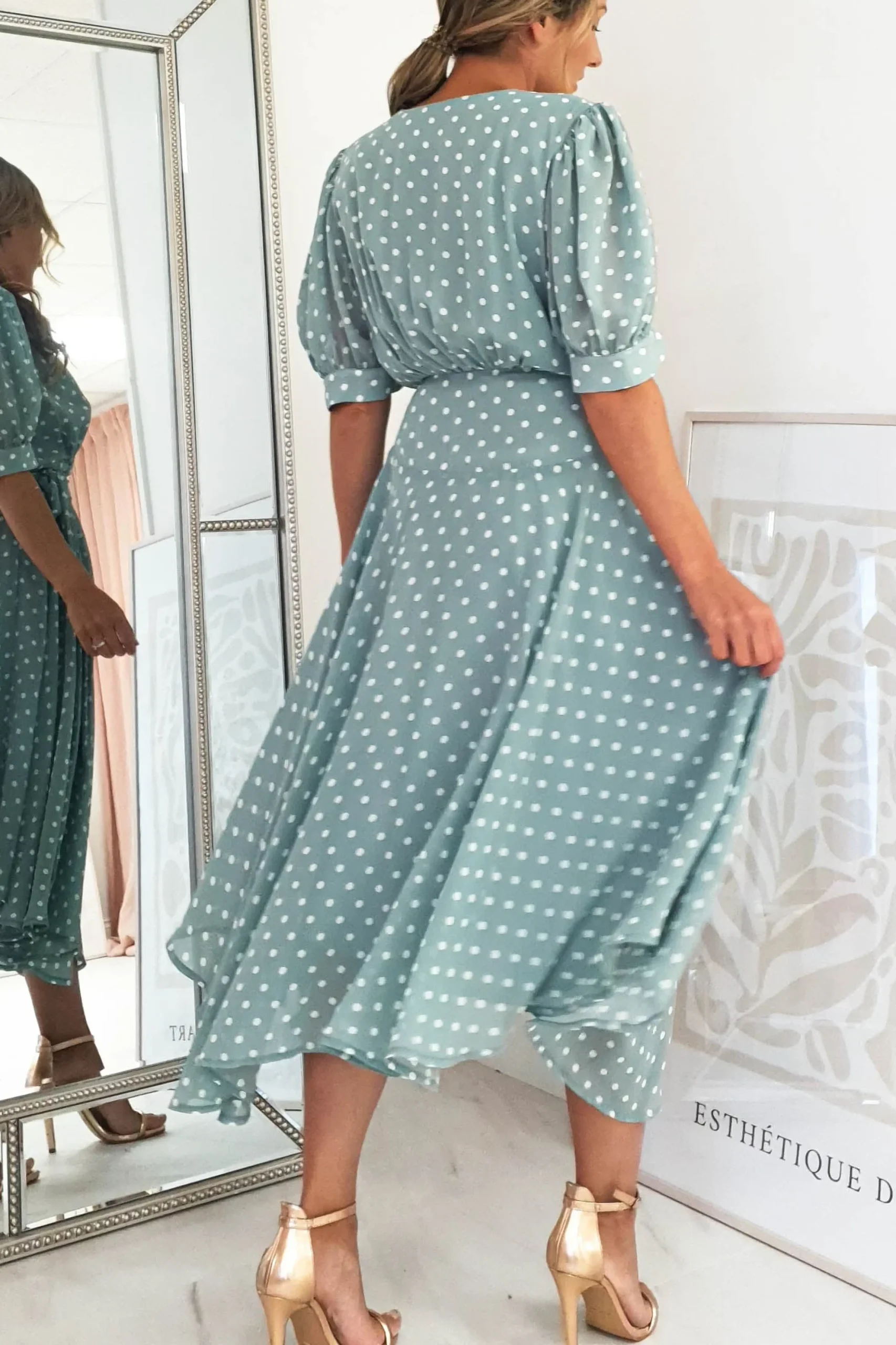 Online Andrea Polka Dot Midi Dress | Sage Mittellange Kleider|Midi-kleider