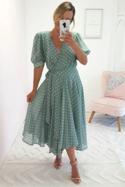 Online Andrea Polka Dot Midi Dress | Sage Mittellange Kleider|Midi-kleider
