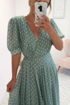 Online Andrea Polka Dot Midi Dress | Sage Mittellange Kleider|Midi-kleider