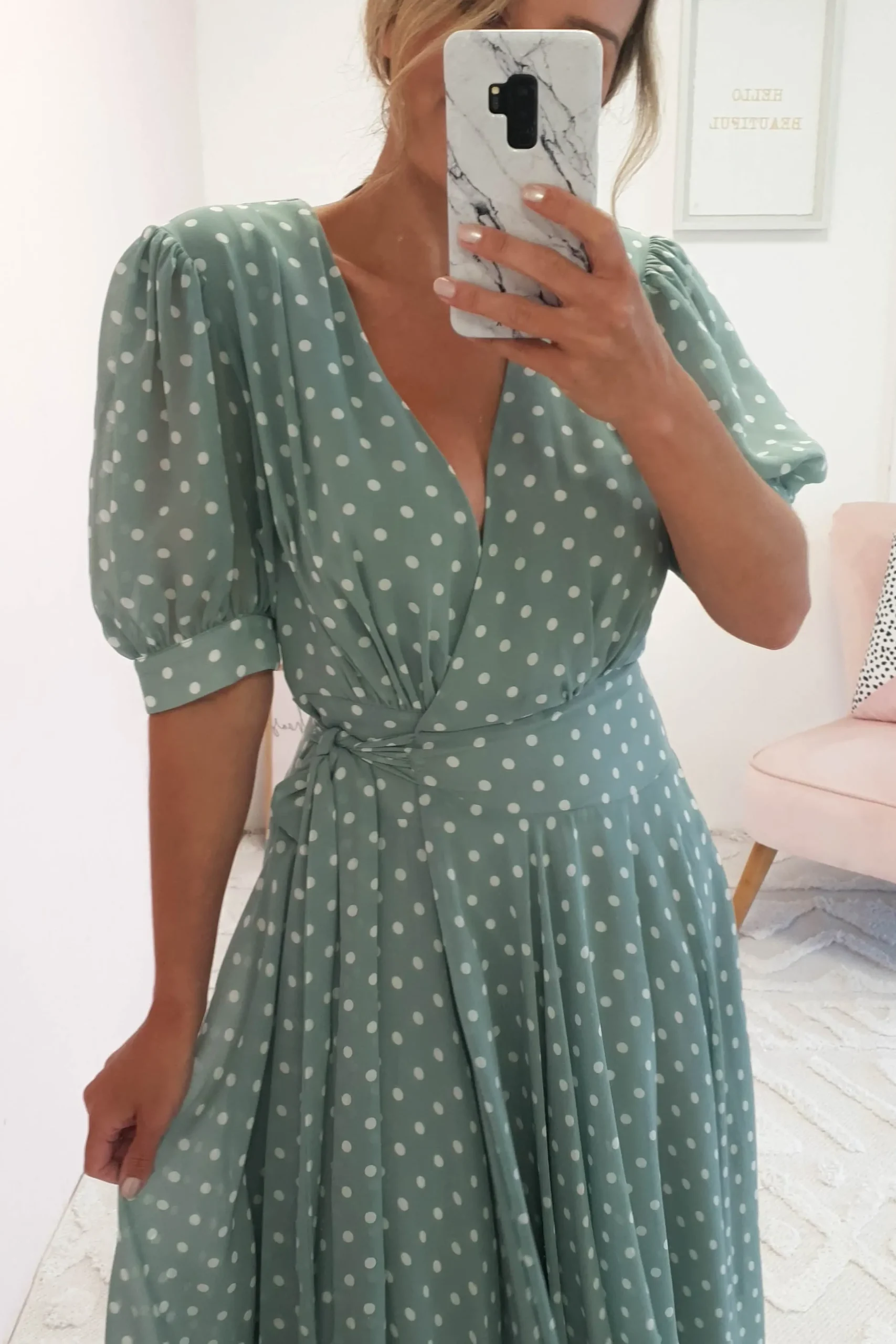 Online Andrea Polka Dot Midi Dress | Sage Mittellange Kleider|Midi-kleider