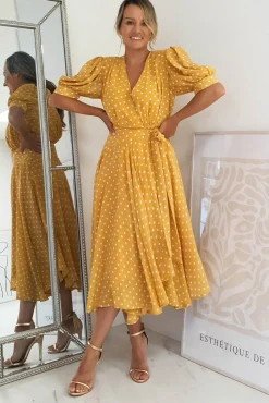 Hot Andrea Polka Dot Midi Dress | Mustard Mittellange Kleider|Midi-kleider