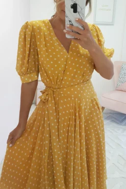 Hot Andrea Polka Dot Midi Dress | Mustard Mittellange Kleider|Midi-kleider