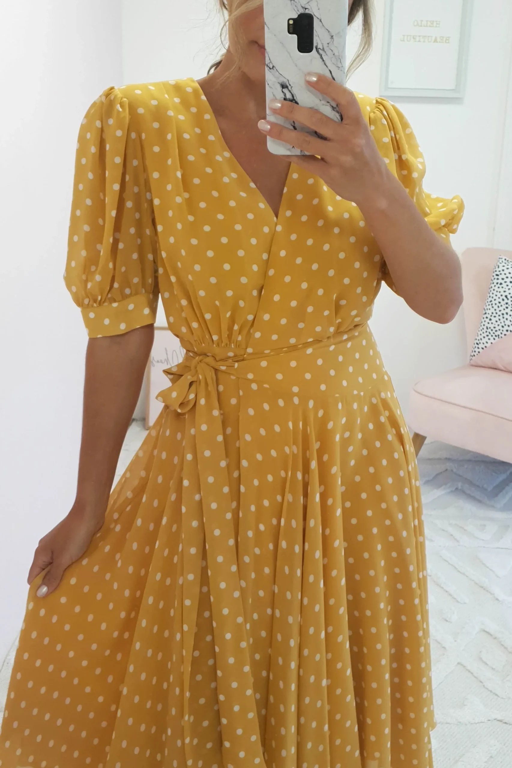 Hot Andrea Polka Dot Midi Dress | Mustard Mittellange Kleider|Midi-kleider