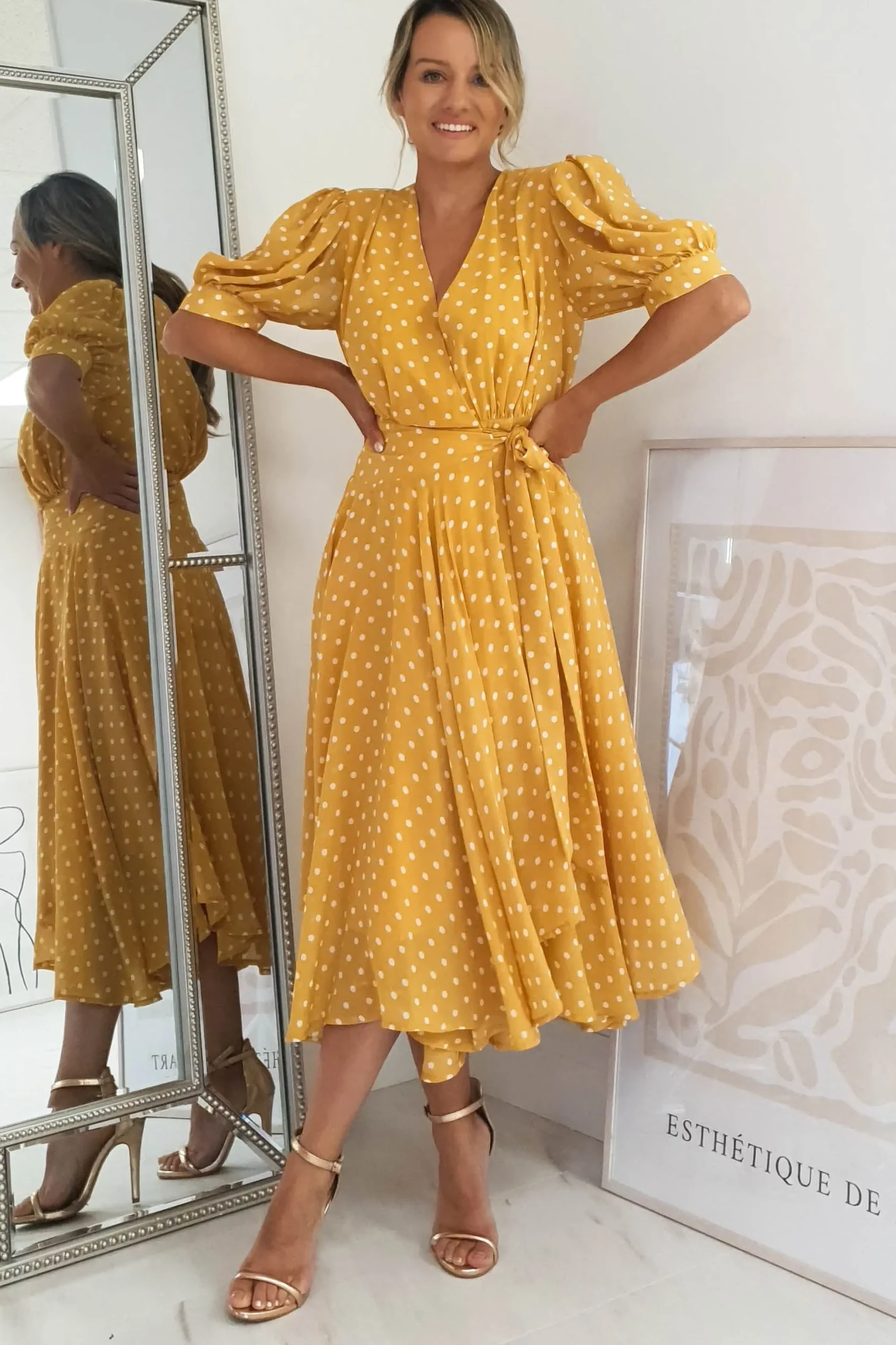 Hot Andrea Polka Dot Midi Dress | Mustard Mittellange Kleider|Midi-kleider