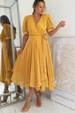 Hot Andrea Polka Dot Midi Dress | Mustard Mittellange Kleider|Midi-kleider