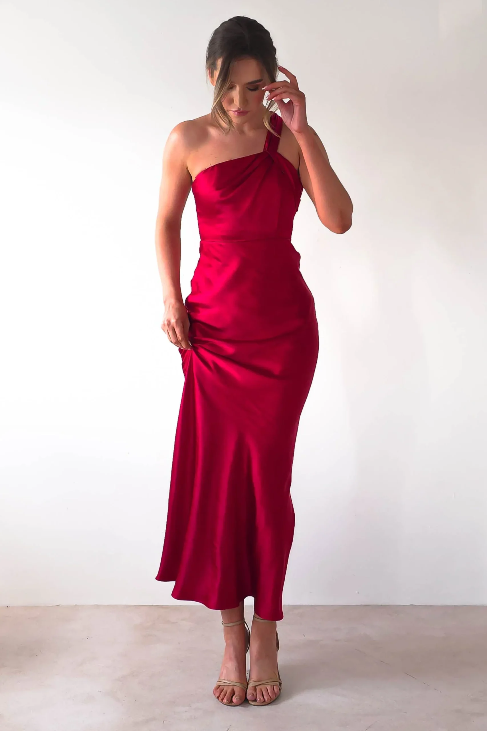 Online Ashlee Soft Satin One Shoulder Maxi Dress | Red Lange Kleider|Maxikleider