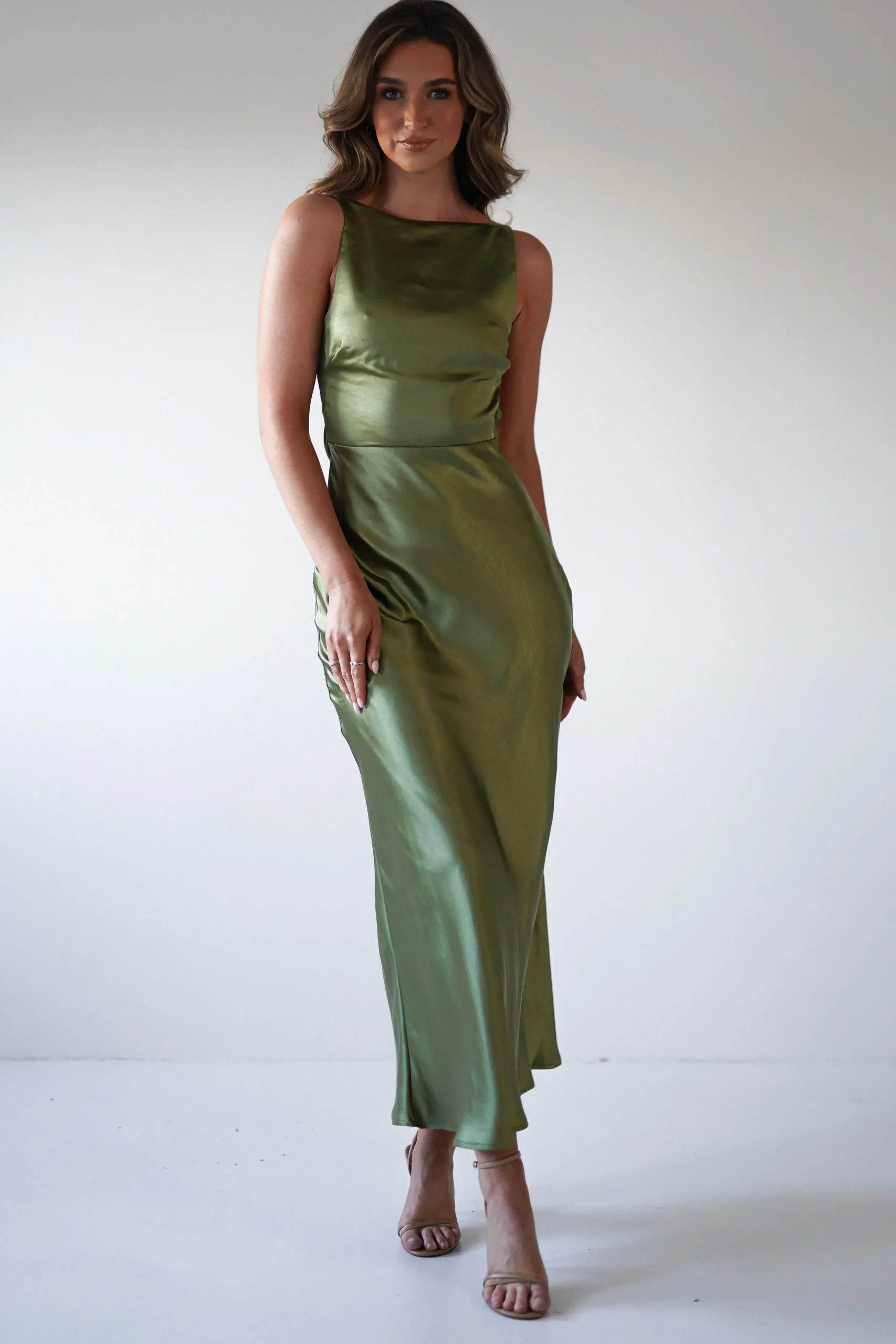 New Bayleigh Soft Satin Maxi Dress | Olive Mittellange Kleider|Midi-kleider