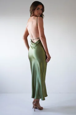 New Bayleigh Soft Satin Maxi Dress | Olive Mittellange Kleider|Midi-kleider