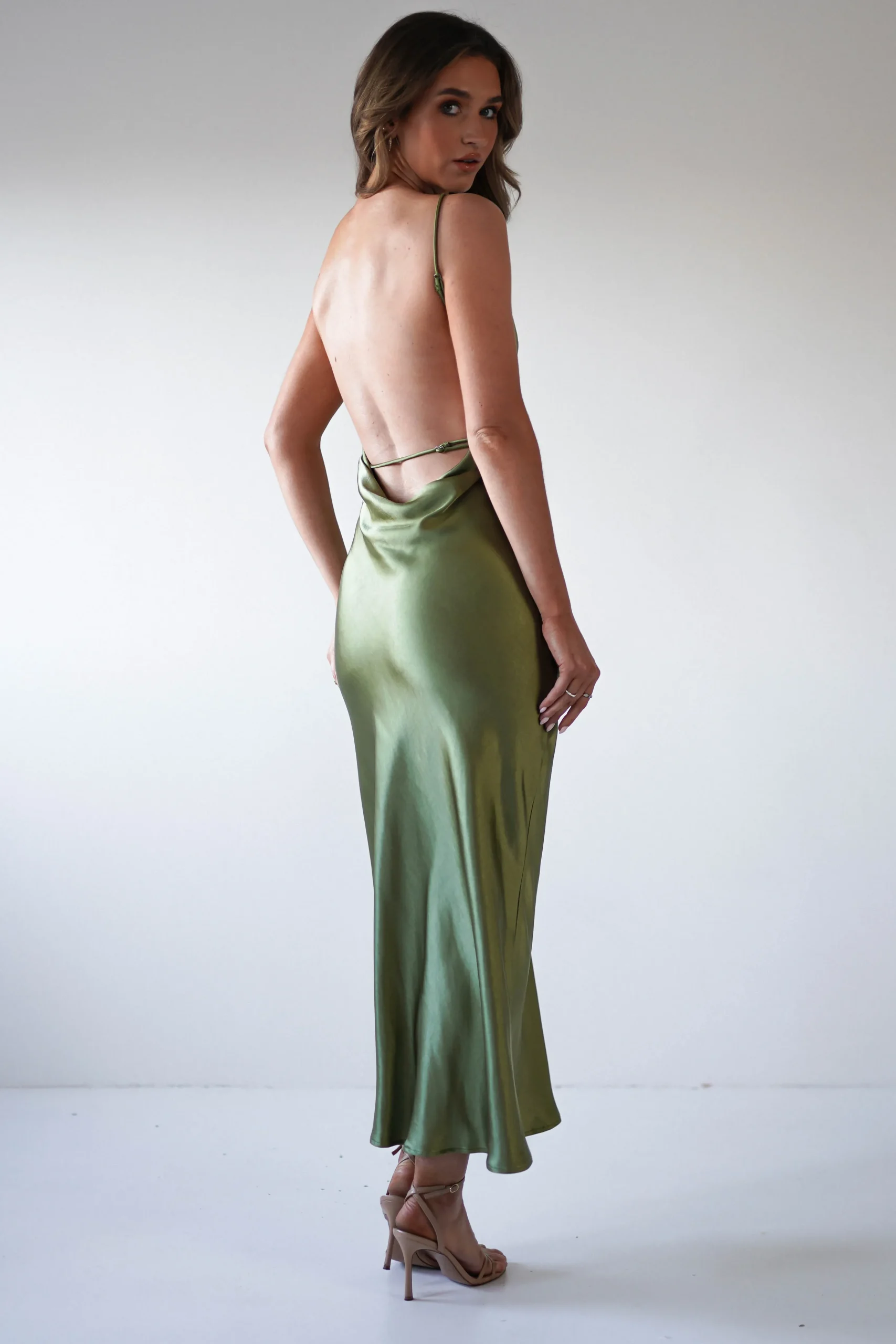 New Bayleigh Soft Satin Maxi Dress | Olive Mittellange Kleider|Midi-kleider