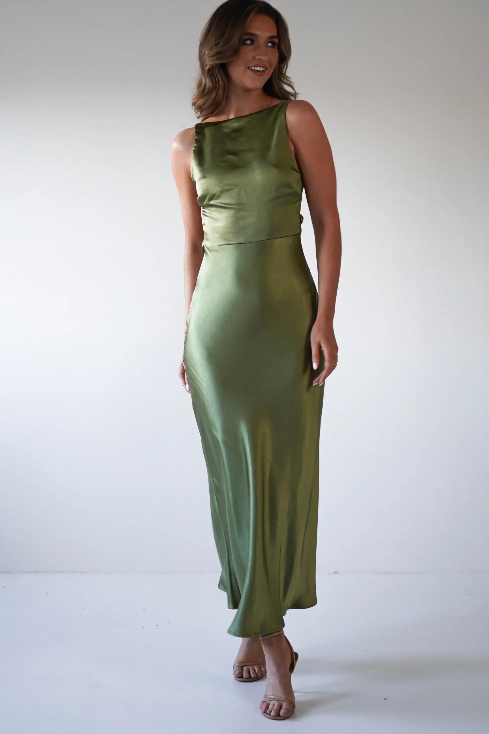 New Bayleigh Soft Satin Maxi Dress | Olive Mittellange Kleider|Midi-kleider