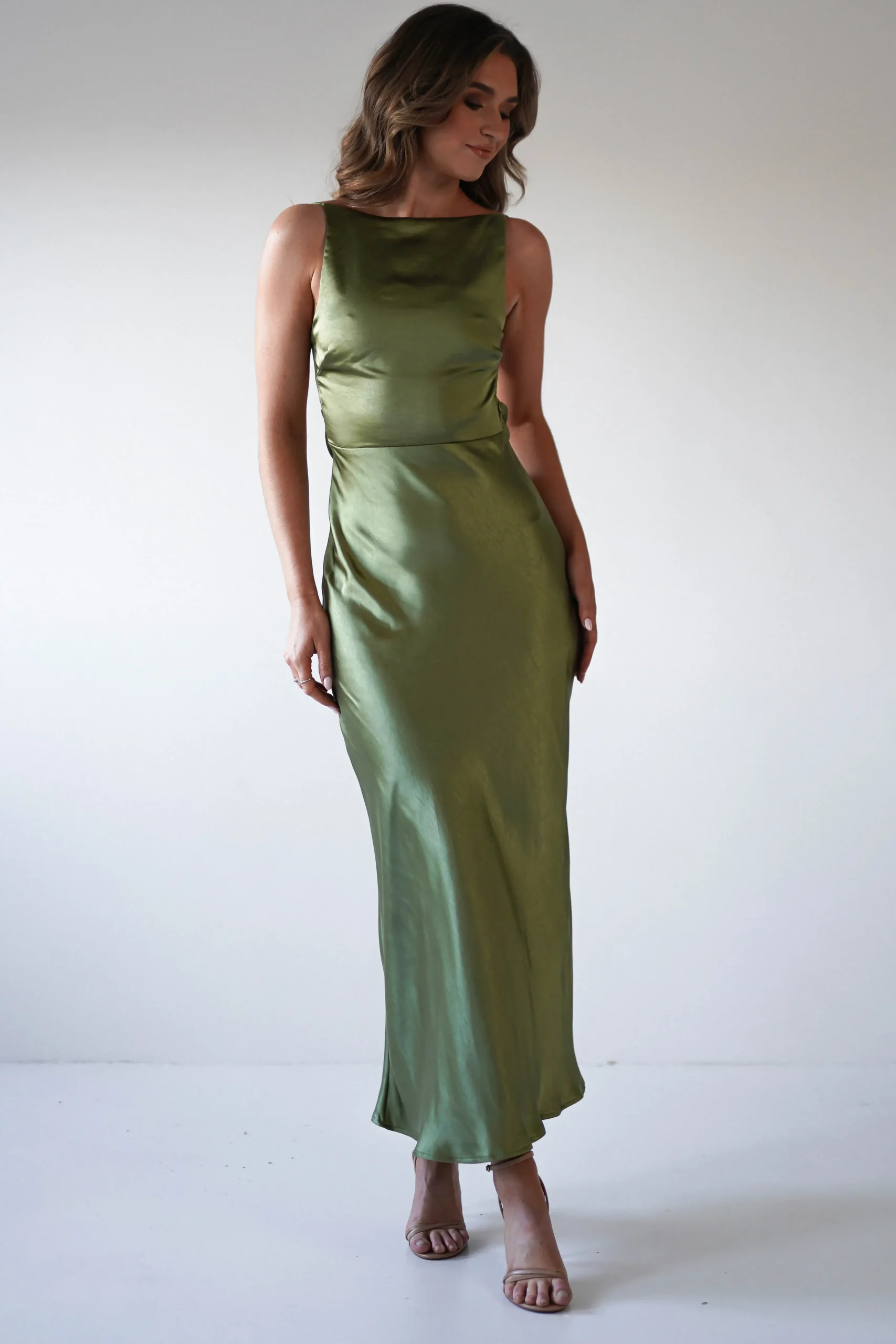 New Bayleigh Soft Satin Maxi Dress | Olive Mittellange Kleider|Midi-kleider