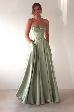 Clearance Bella Luxe Aline Satin Gown | Sage Sommerkleider|Sommerkleider