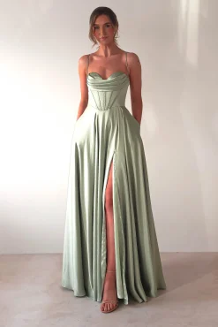 Clearance Bella Luxe Aline Satin Gown | Sage Sommerkleider|Sommerkleider