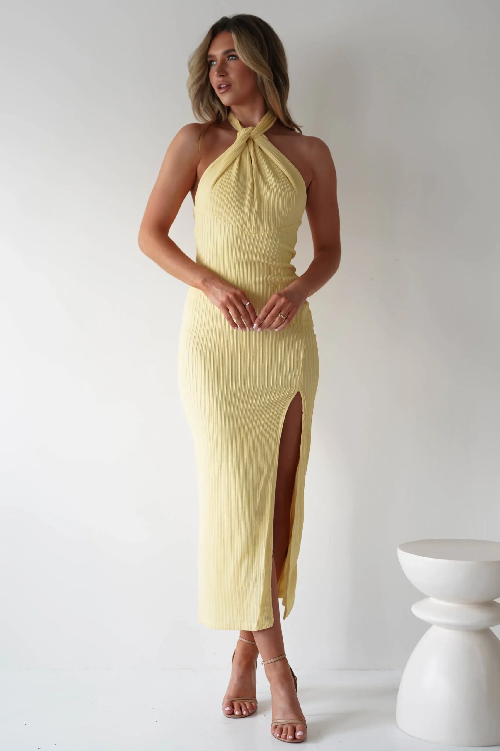 New Bernice Ribbed Midaxi Dress | Yellow Lange Kleider|Maxikleider