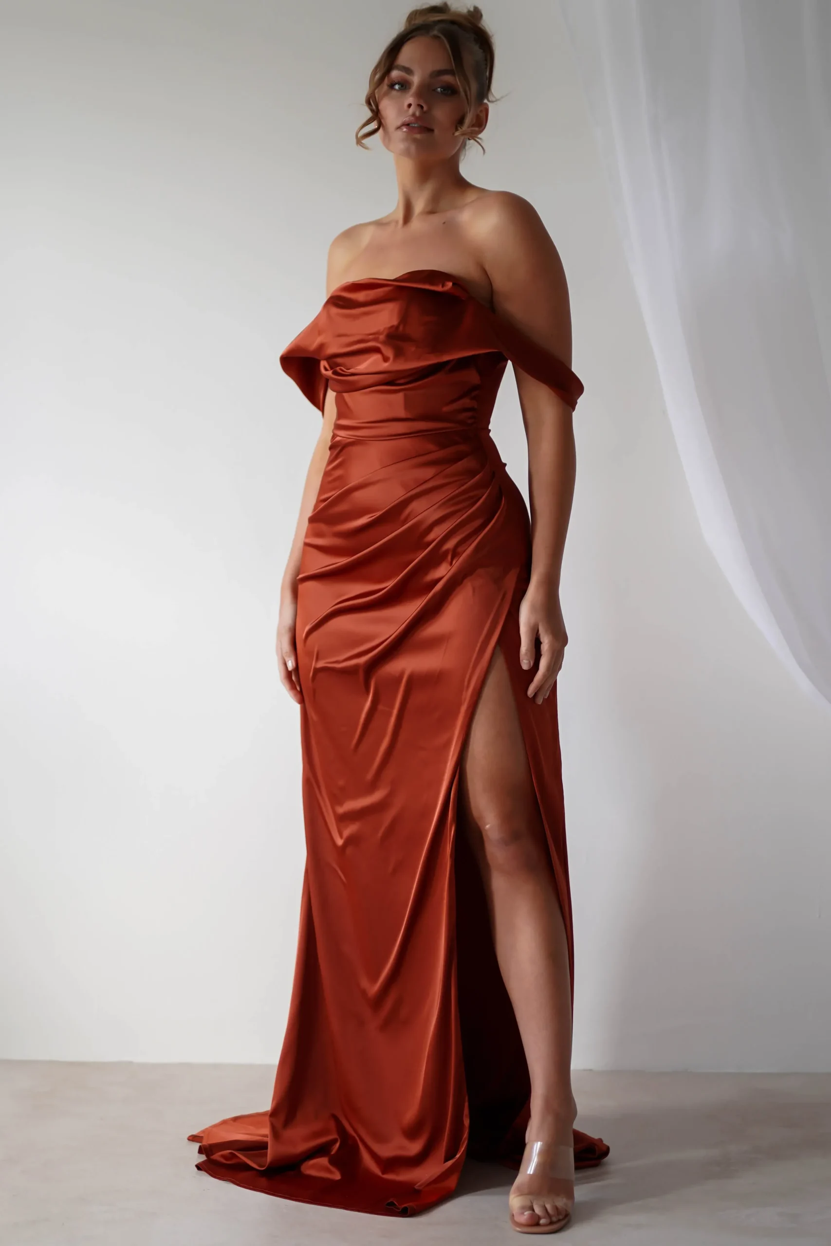 Hot Beth Draped Silky Satin Gown | Rust Brautjungfernkleider|Brautjungfer