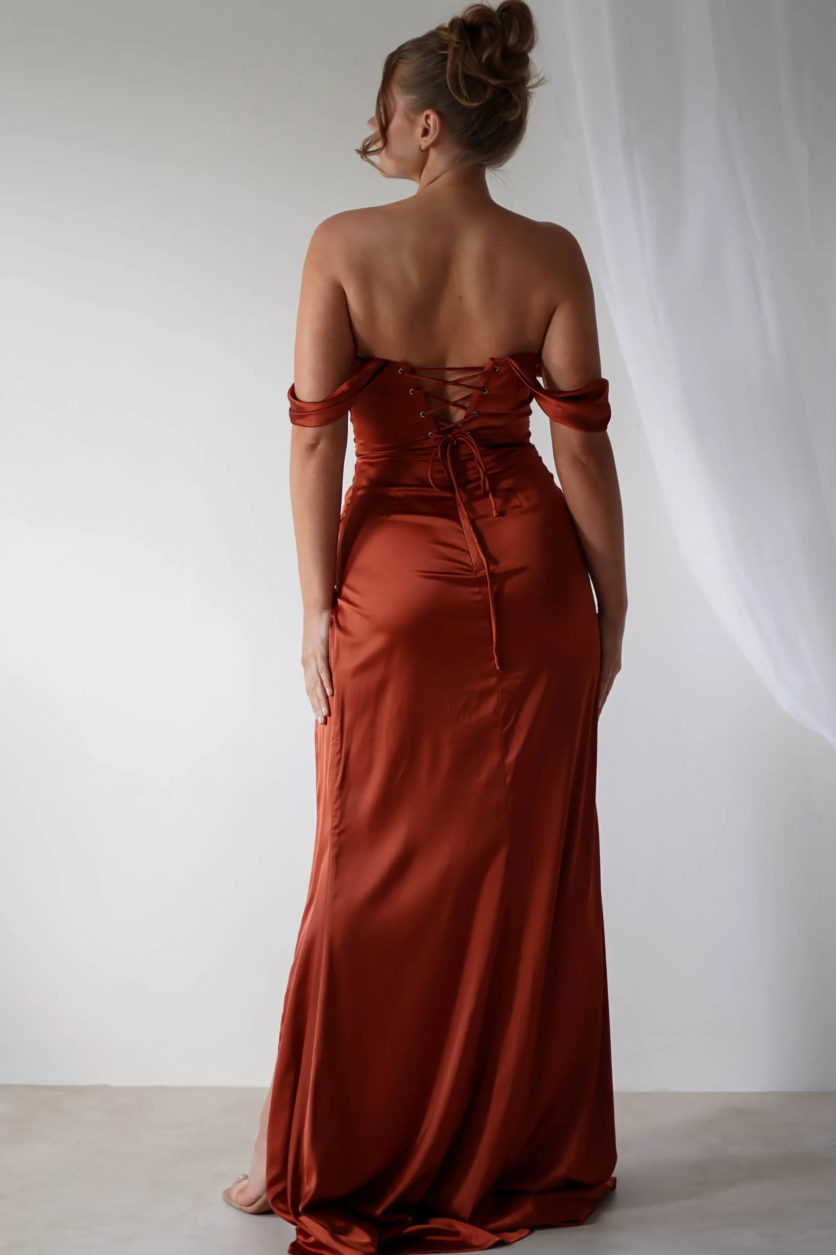 Hot Beth Draped Silky Satin Gown | Rust Brautjungfernkleider|Brautjungfer