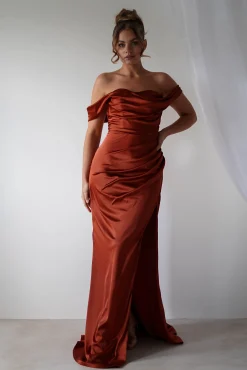 Hot Beth Draped Silky Satin Gown | Rust Brautjungfernkleider|Brautjungfer