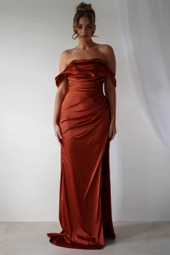 Hot Beth Draped Silky Satin Gown | Rust Brautjungfernkleider|Brautjungfer