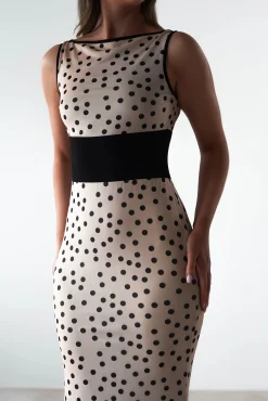 Sale Bianca Polka Dot Mesh Maxi Dress | Beige Lange Kleider|Maxikleider