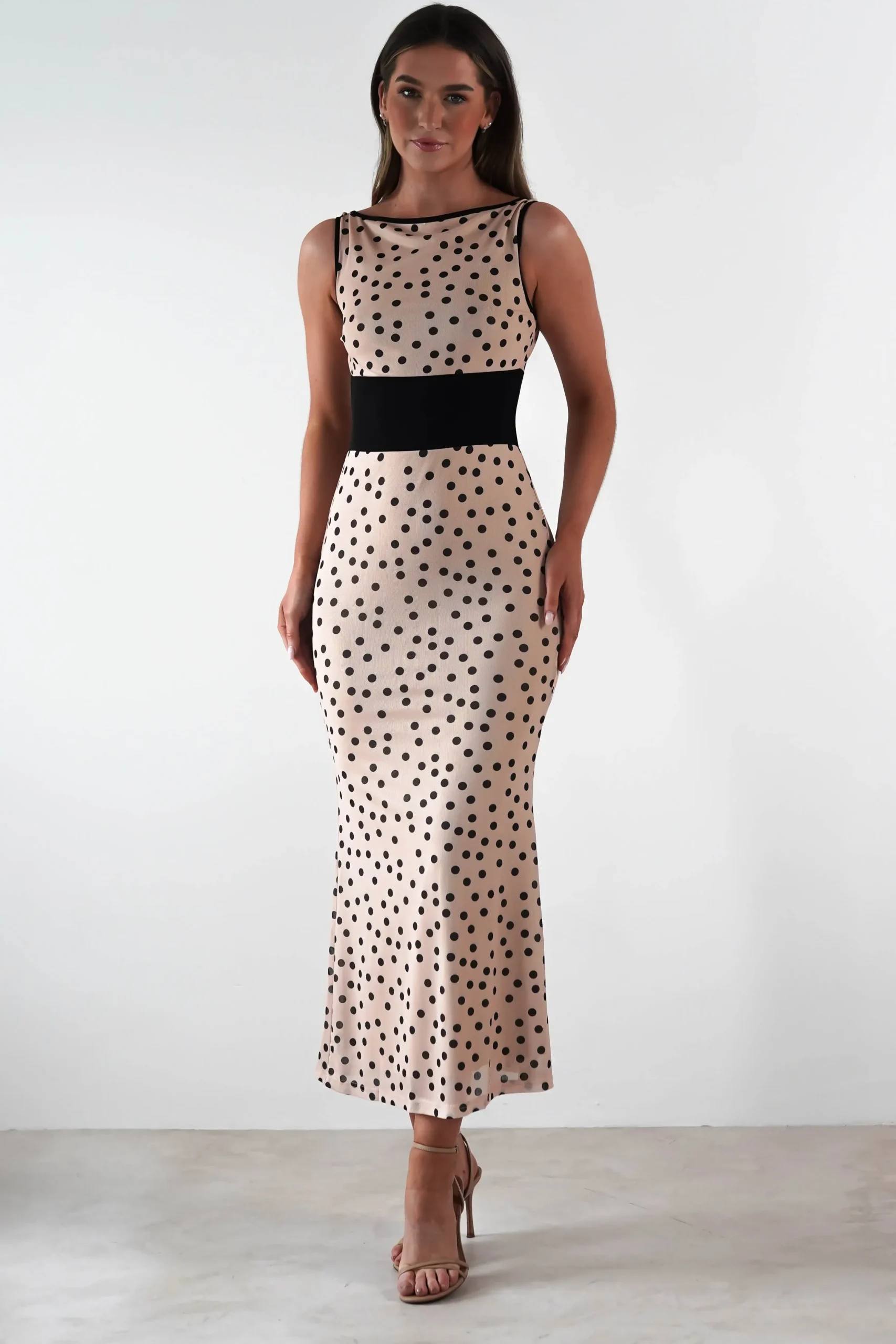 Sale Bianca Polka Dot Mesh Maxi Dress | Beige Lange Kleider|Maxikleider