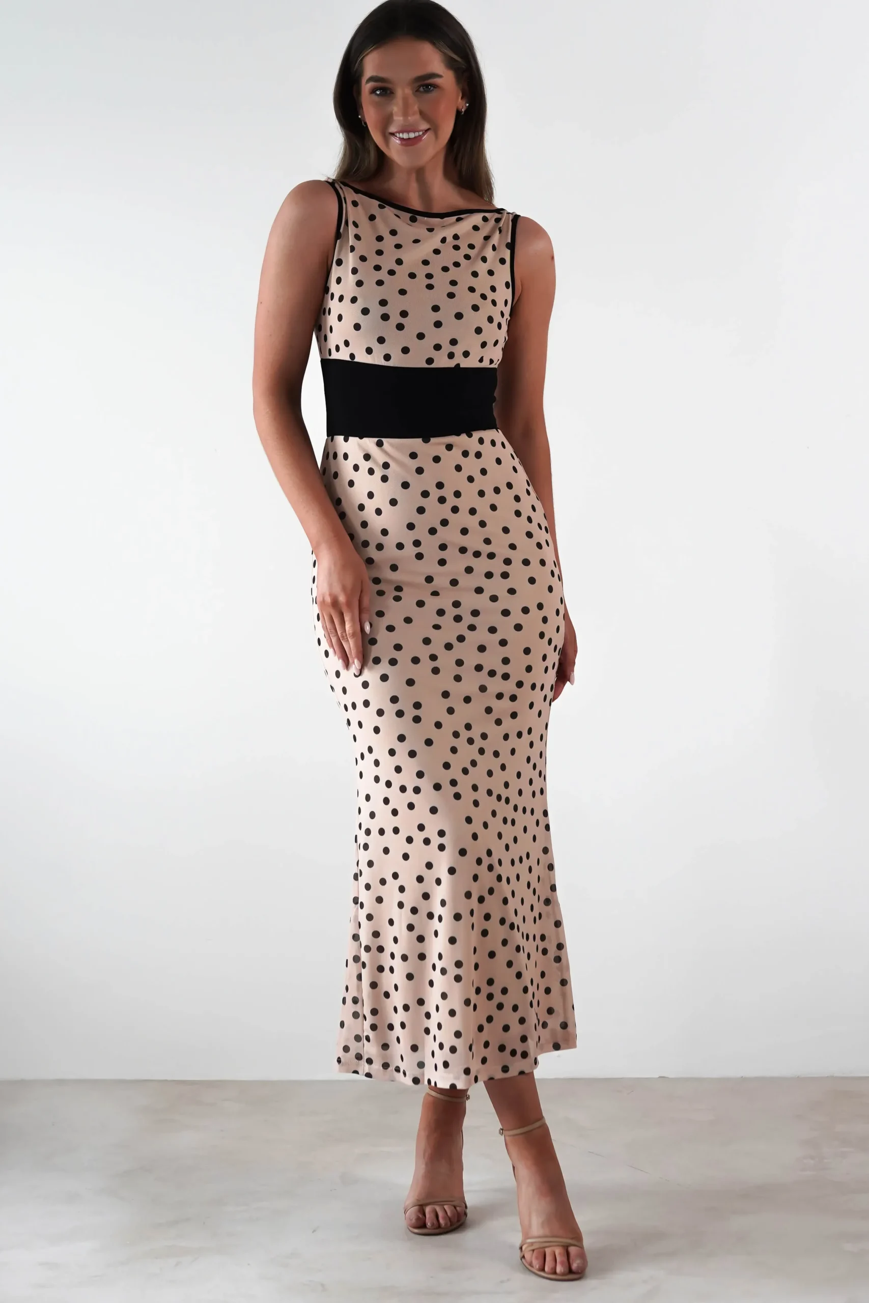 Sale Bianca Polka Dot Mesh Maxi Dress | Beige Lange Kleider|Maxikleider