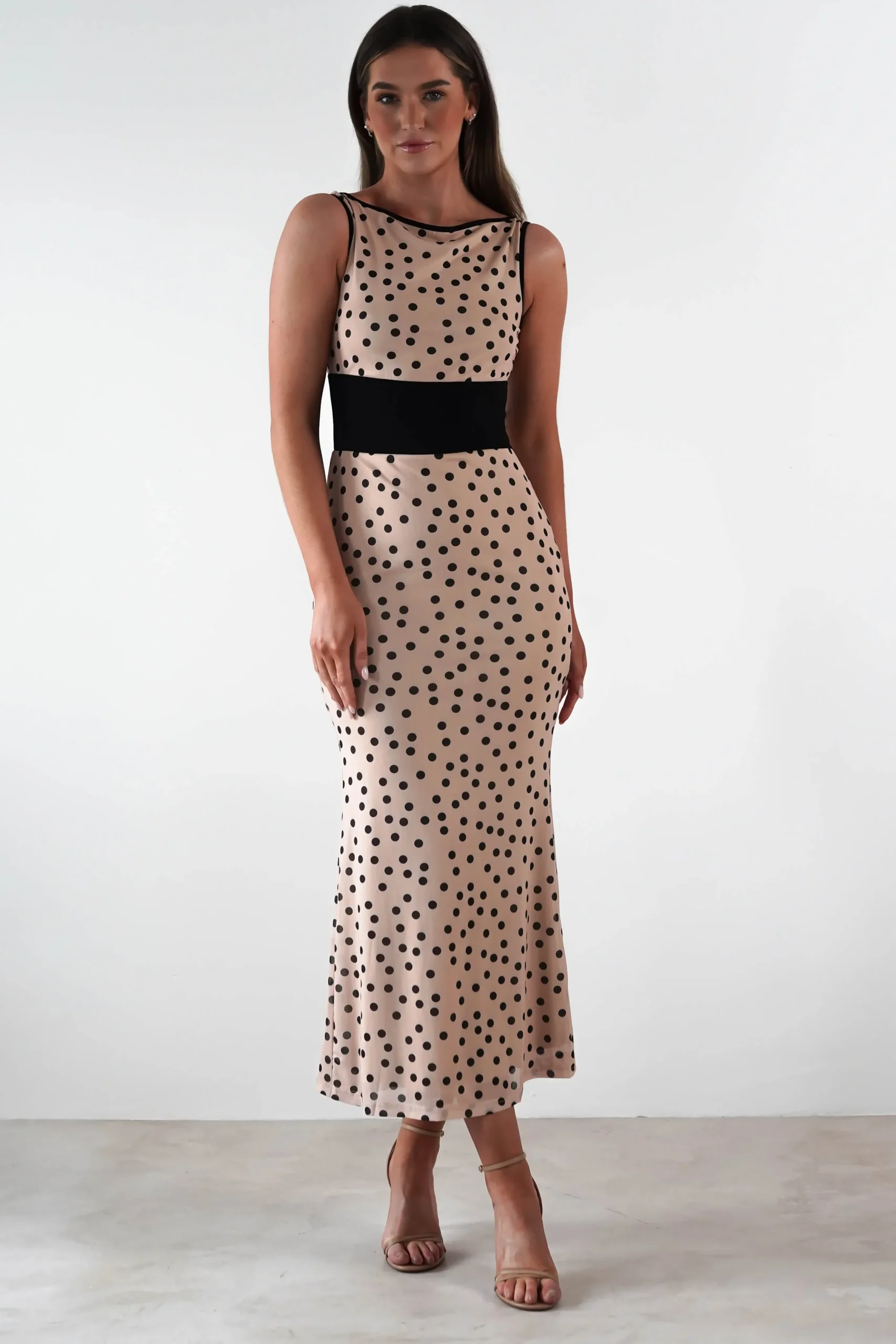 Sale Bianca Polka Dot Mesh Maxi Dress | Beige Lange Kleider|Maxikleider