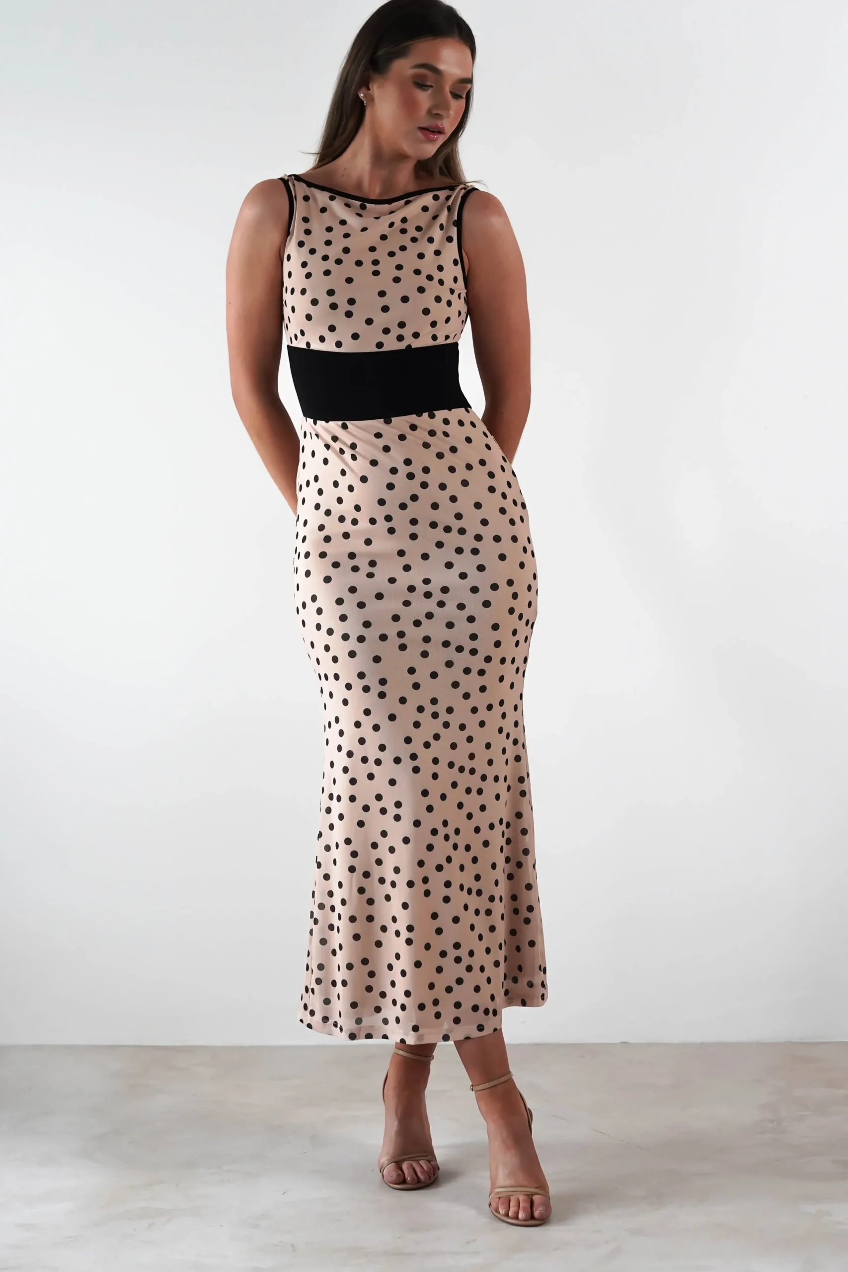 Sale Bianca Polka Dot Mesh Maxi Dress | Beige Lange Kleider|Maxikleider