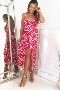 Clearance Billy Printed Satin Midi Dress | Red Mittellange Kleider|Midi-kleider