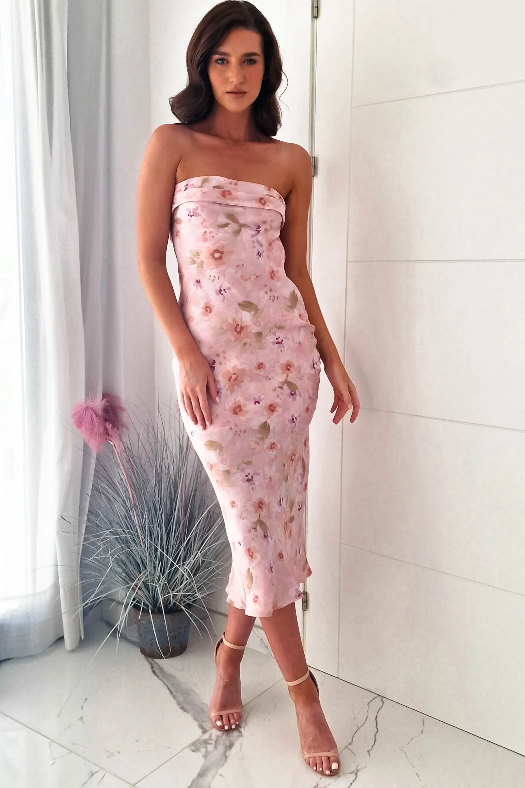 Online Bloom Strapless Midi Dress | Pink Floral Mittellange Kleider|Midi-kleider