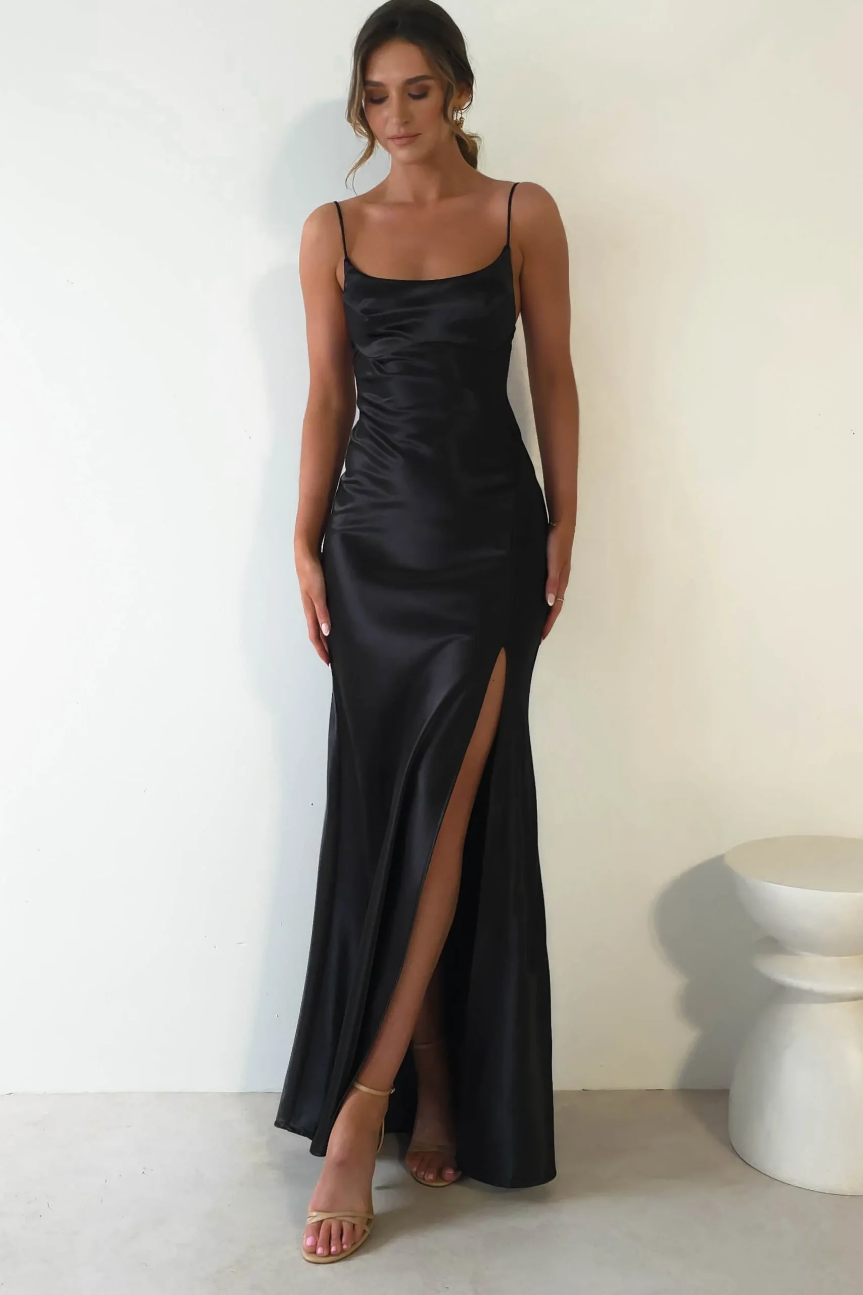 Best Celinee Satin Maxi Gown | Black Lange Kleider|Maxikleider