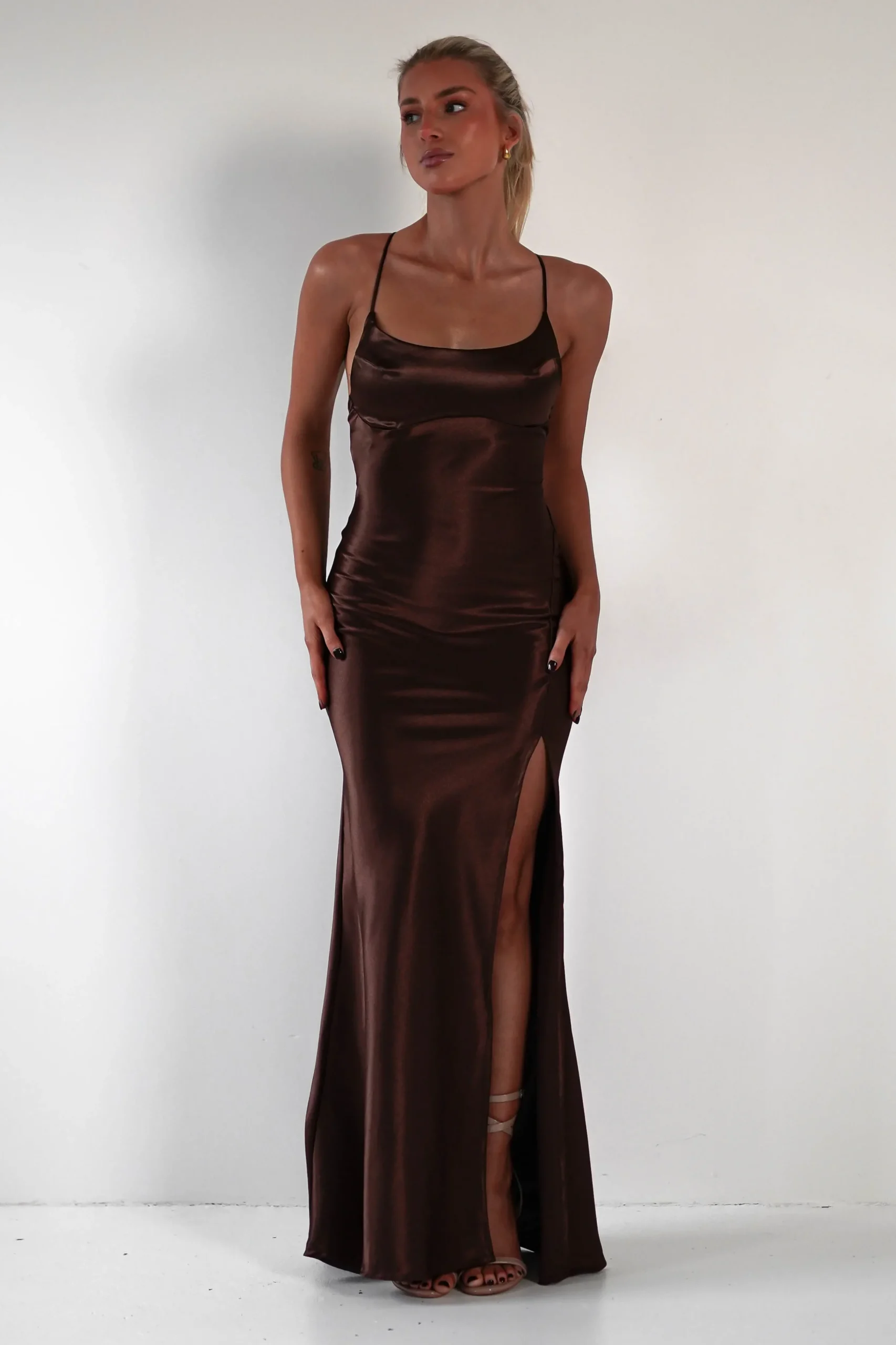 Online Celinee Satin Maxi Gown | Brown Lange Kleider|Maxikleider