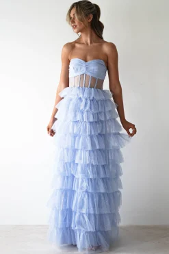 Sale Claudette Ruffle Glitter Maxi Dress | Blue Lange Kleider|Maxikleider
