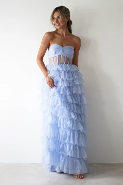 Sale Claudette Ruffle Glitter Maxi Dress | Blue Lange Kleider|Maxikleider