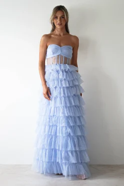 Sale Claudette Ruffle Glitter Maxi Dress | Blue Lange Kleider|Maxikleider