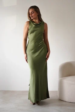 Fashion Darlee Tie Back Satin Maxi Dress | Olive Lange Kleider|Maxikleider