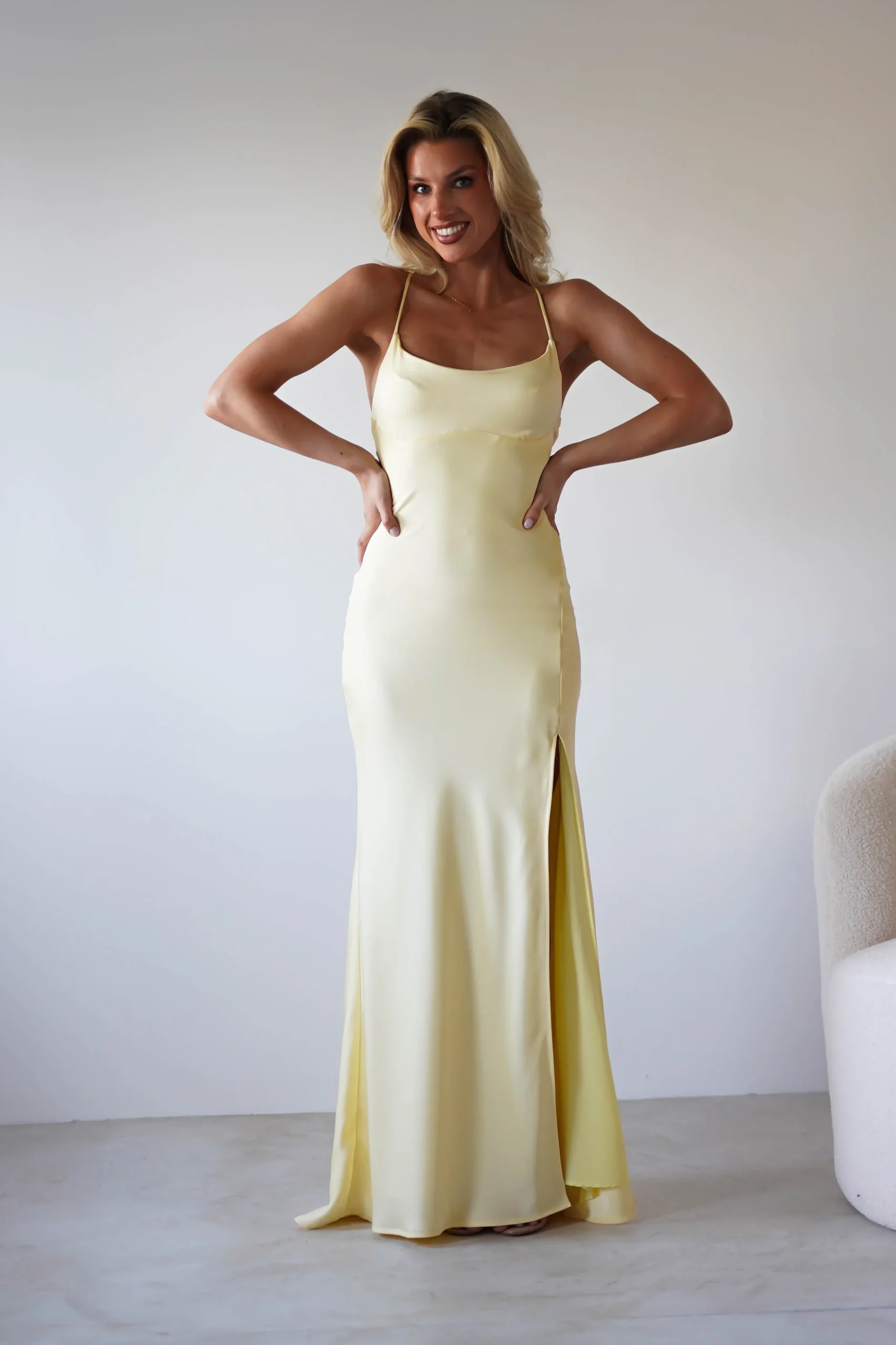 Hot Elsa Matte Satin Maxi Gown | Yellow Lange Kleider|Maxikleider