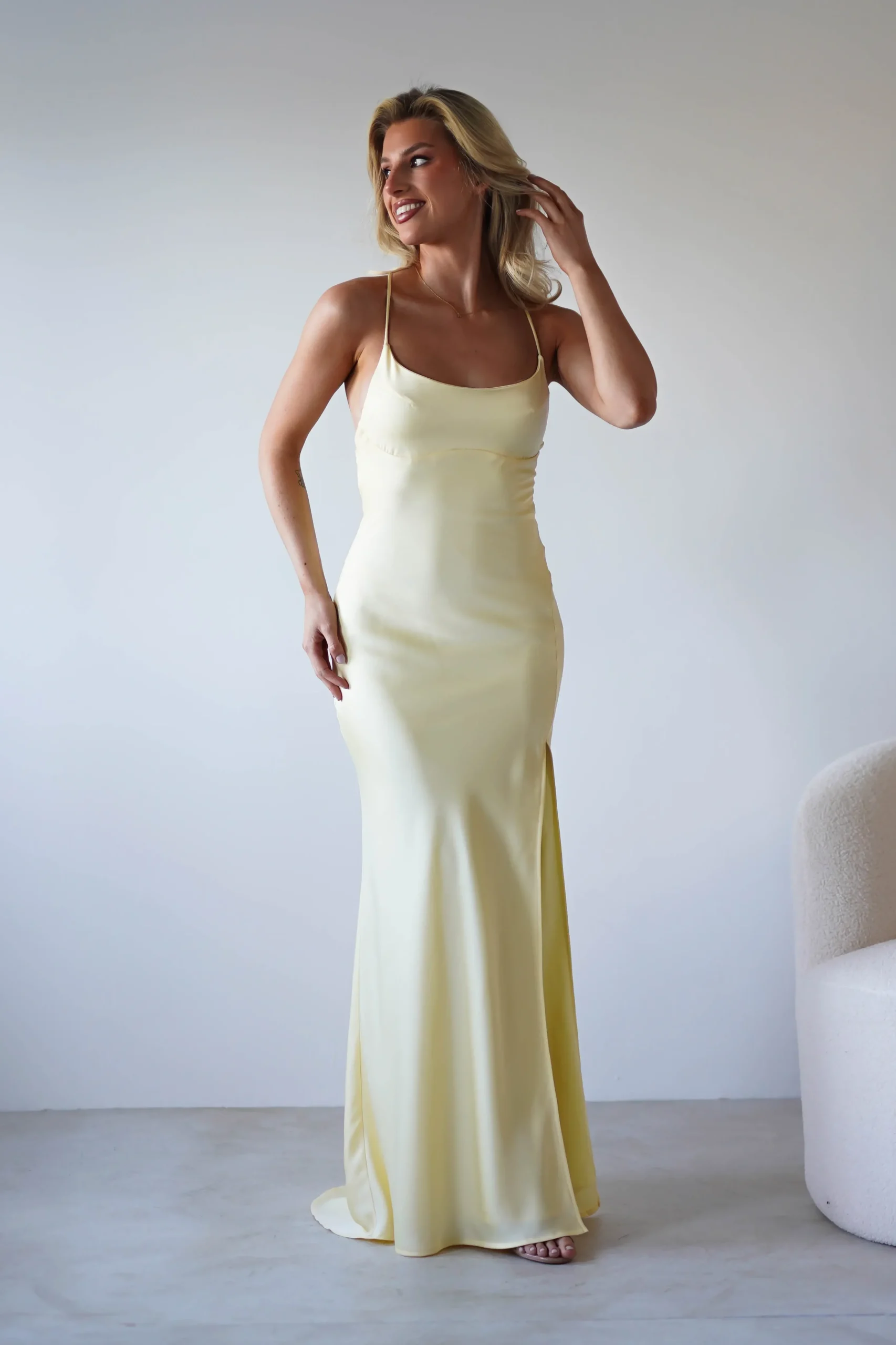 Hot Elsa Matte Satin Maxi Gown | Yellow Lange Kleider|Maxikleider
